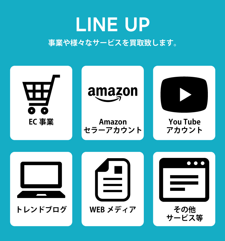 LINE UP　事業や様々なサービスを買取致します